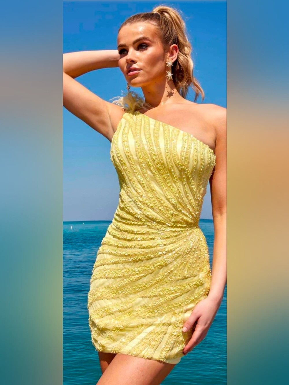 Primavera New One Shoulder Yellow Sequin Cocktail Dress Feather Size 00 #4004
